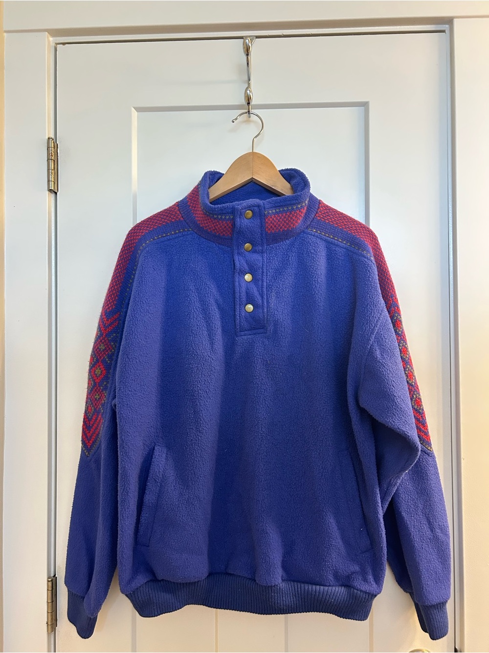 Royal Blue Fleece Jacket with Multicolor Knit Trim